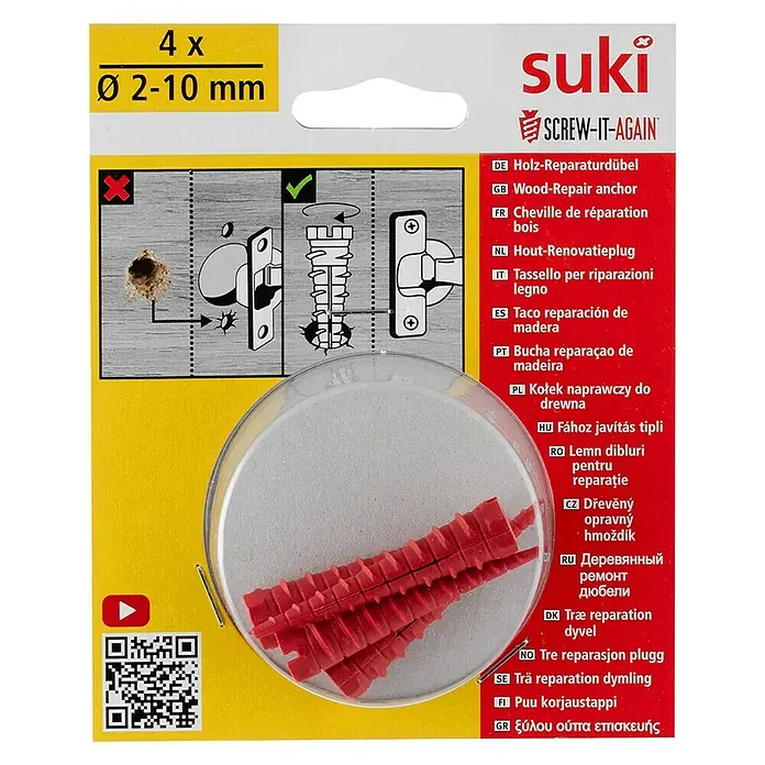 Suki Holzdübel Screw it again - 4 Stk., Passend für: Bohrlochdurchmesser 2 - 10 mm - Packung mit 4 Suki Holz-Reparaturdübeln mit einem Durchmesser von 2–10 mm zur Holzreparatur.