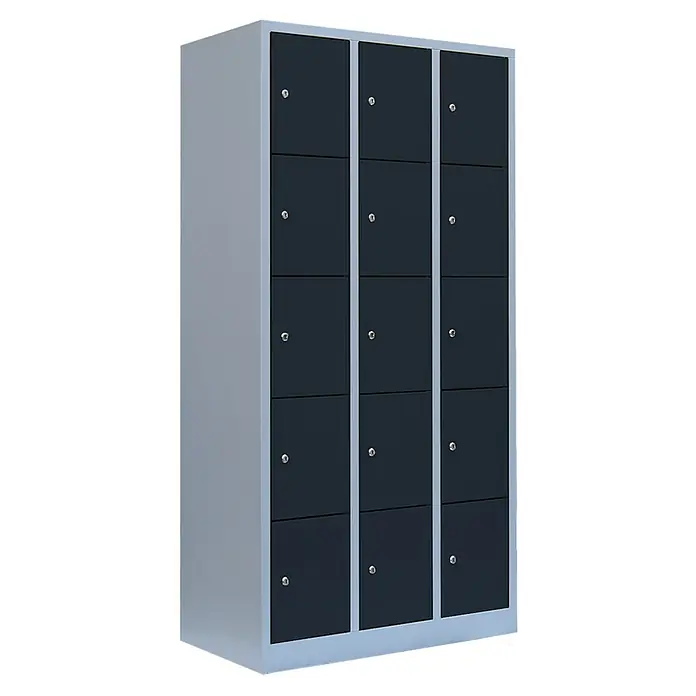 Lüllmann Schließfachschrank - H x B x T: 180 x 88,5 x 50 cm, Lichtgrau/Anthrazit, Fertig montiert, Anzahl Fächer: 15 Stk. - Abbildung eines grauen Spinds mit schwarzen Türen. Der Metallschrank bietet Stauraum und Sicherheit für persönliche Gegenstände.