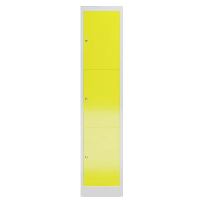 Lüllmann ClassiX Schließfachschrank - H x B x T: 180 x 41,5 x 50 cm, Lichtgrau/Zinkgelb, Fertig montiert, Anzahl Fächer: 3 Stk. - Gelber Spind mit drei Fächern und silberfarbenen Griffen in einem weißen Rahmen. Ideal für Schulen und Umkleideräume.