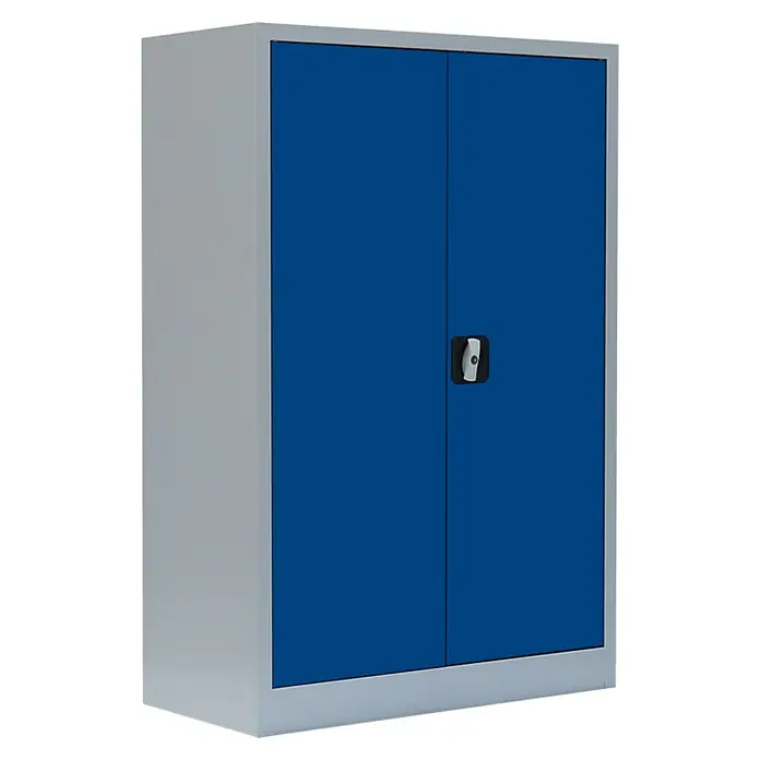 Lüllmann Metall-Mehrzweckschrank - H x B x T: 120 x 92,5 x 42,2 cm, Lichtgrau/Enzianblau, Fertig montiert, Anzahl Böden: 2 Stk. - Blauer Stahlschrank mit zwei Türen und grauem Rahmen, ideal für Büro oder Werkstatt, bietet sicheren Stauraum für wichtige Dokumente und Werkzeuge.