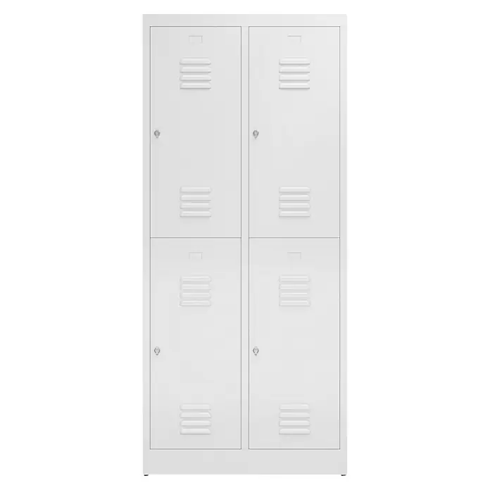 Lüllmann ClassiX Spind - H x B x T: 180 x 80 x 50 cm, Signalweiß, Fertig montiert, Anzahl Fächer: 4 Stk. - Ein stabiler, weißer Metallschrank mit vier abschließbaren Fächern, ideal für Schulen, Büros oder Umkleideräume, bietet praktische Aufbewahrungslösungen.