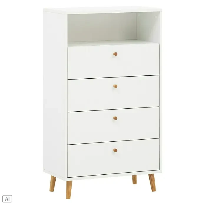 Schildmeyer Bjarne Highboard - L x B x H: 33 x 60,2 x 104,4 cm, Weiß - Ein weißes Regal mit vier Schubladen und offenem Fach bietet viel Stauraum und eine moderne Optik. Die Holzfüße setzen einen natürlichen Akzent.