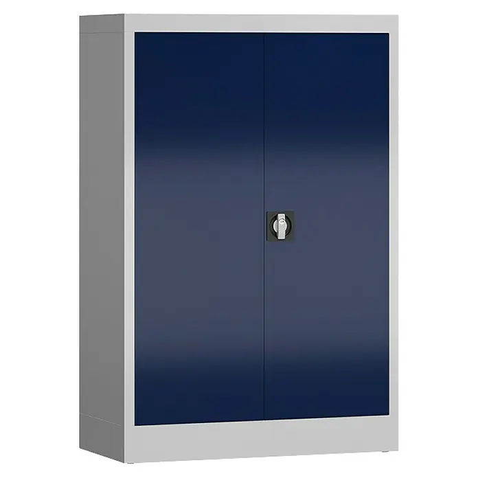 Lüllmann ClassiX Metall-Mehrzweckschrank - H x B x T: 120 x 80 x 38 cm, Lichtgrau/Enzianblau, Fertig montiert, Anzahl Böden: 2 Stk. - Bild eines blauen Stahlschranks mit zwei Türen und silberfarbenem Rahmen. Ideal für Büro oder Werkstatt, bietet der Schrank viel Stauraum.