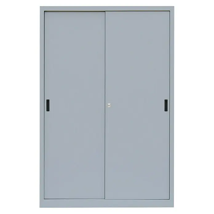 Lüllmann Schiebetür Schrank - H x B x T: 195 x 120 x 45 cm, Lichtgrau, Fertig montiert, Anzahl Böden: 4 Stk. - Grauer Schiebetürenschrank mit zwei Türen und schwarzen Griffen. Praktische Aufbewahrungslösung.
