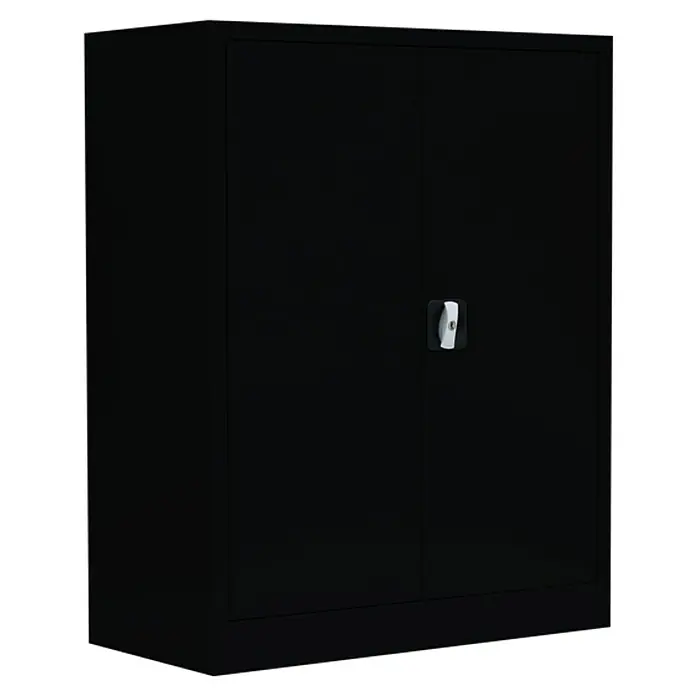 Lüllmann Metall-Mehrzweckschrank - H x B x T: 100 x 80 x 38,3 cm, Tiefschwarz, Fertig montiert, Anzahl Böden: 2 Stk. - Bild eines schwarzen Aktenschranks mit zwei Türen und einem silbernen Griff. Ideal für Büro oder Homeoffice zur sicheren Aufbewahrung.