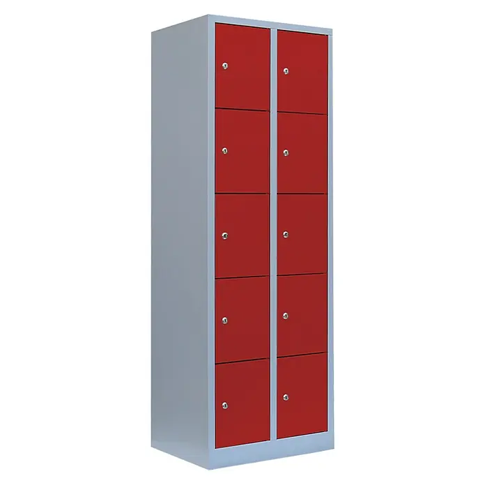 Lüllmann Schließfachschrank - H x B x T: 180 x 60 x 50 cm, Lichtgrau/Feuerrot, Fertig montiert, Anzahl Fächer: 10 Stk. - Ein Standspind mit roten Türen und silbernem Rahmen, ideal für die Organisation persönlicher Gegenstände in Schulen oder Büros.