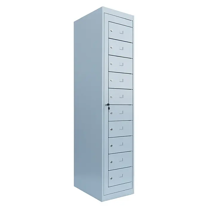 Lüllmann Fächerschrank - H x B x T: 180 x 40 x 50 cm, Lichtgrau, Fertig montiert, Anzahl Fächer: 10 Stk. - Heller Metallschrank mit 10 abschließbaren Fächern und einem Schlüssel, ideal für die sichere Aufbewahrung persönlicher Gegenstände.