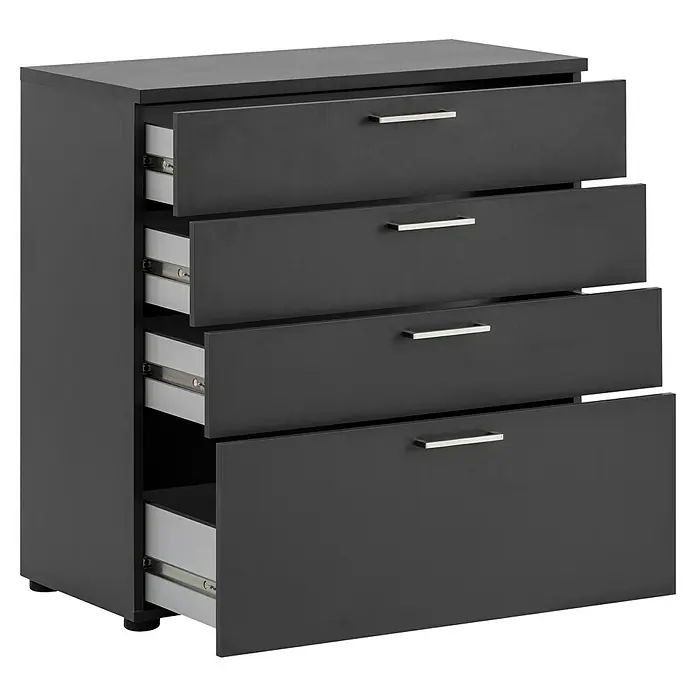 Schildmeyer 1500 Kommode - L x B x H: 41 x 80,2 x 84,2 cm, Anthrazit, Anzahl Schubladen: 4 Stk. - Eine moderne, schwarze Kommode mit vier Schubladen, die teilweise geöffnet sind und silberne Griffe haben.