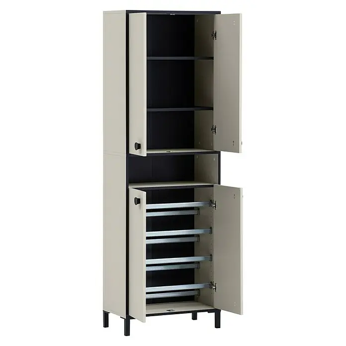 Schildmeyer Edda Schuhschrank - L x B x H: 33 x 60,2 x 185 cm, Beige/Schwarz, Anzahl Fächer: 1 Stk. - Beiger Doppelschrank mit schwarzen Akzenten, teilweise geöffnet, zeigt Regale und Schuhaufbewahrungssystem. Praktische Stauraumlösung.