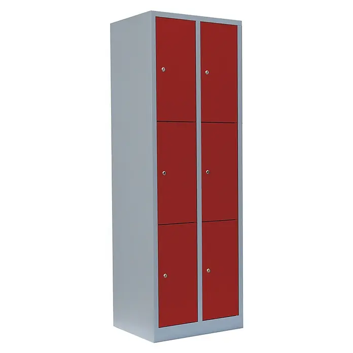 Lüllmann Schließfachschrank - H x B x T: 180 x 60 x 50 cm, Lichtgrau/Feuerrot, Fertig montiert, Anzahl Fächer: 6 Stk. - Schränke: Rote Metallschränke mit grauen Rahmen und sechs Fächern mit Schlössern für die sichere Aufbewahrung von Gegenständen.