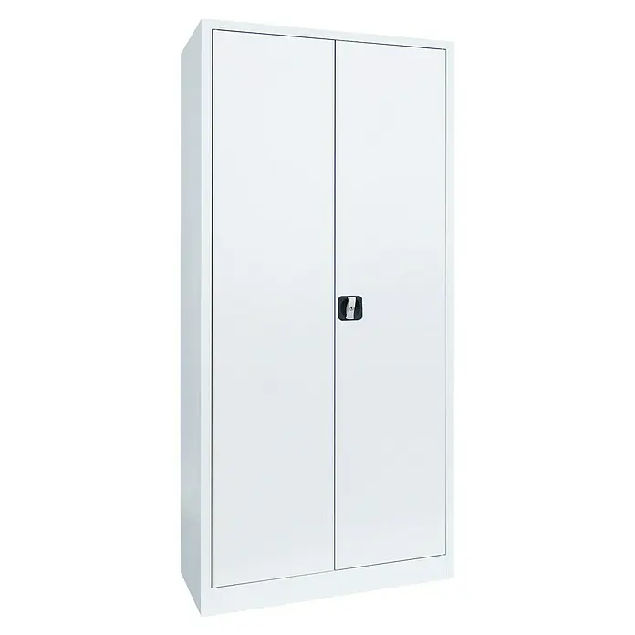 Lüllmann Metall-Mehrzweckschrank - H x B x T: 195 x 92,5 x 42,2 cm, Signalweiß, Fertig montiert, Anzahl Böden: 4 Stk. - Ein weißer Stahlschrank mit zwei Türen und einem schwarzen Griff. Er ist robust und ideal für Büro oder Werkstatt.