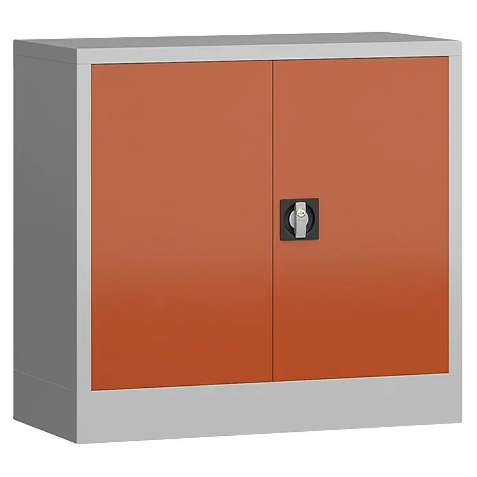Lüllmann ClassiX Metall-Mehrzweckschrank - H x B x T: 75 x 80 x 38 cm, Lichtgrau/Feuerrot, Fertig montiert, Anzahl Böden: 1 Stk. - Dieser Artikel zeigt einen grauen Aktenschrank mit zwei orangefarbenen Türen und einem Drehgriff mit Schloss. Ideal für die Aufbewahrung von Dokumenten.
