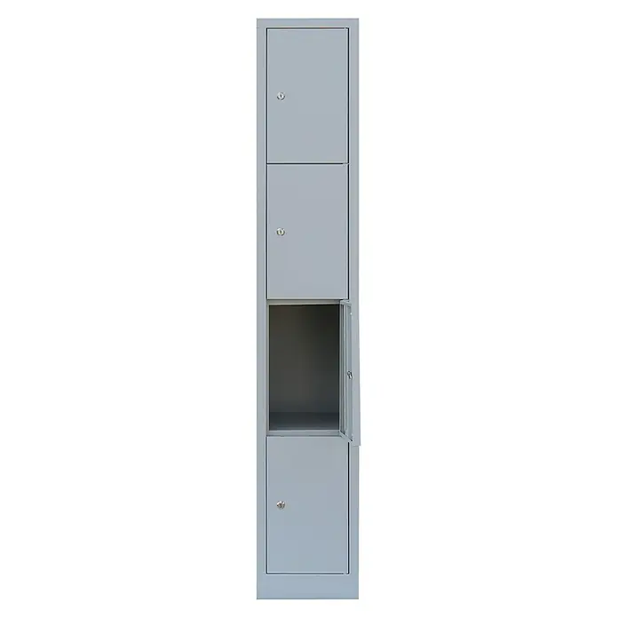 Lüllmann Schließfachschrank - H x B x T: 180 x 31,5 x 50 cm, Lichtgrau, Fertig montiert, Anzahl Fächer: 4 Stk. - Grauer Metallschrank mit vier Fächern, von denen eines geöffnet ist und die anderen verschlossen sind.