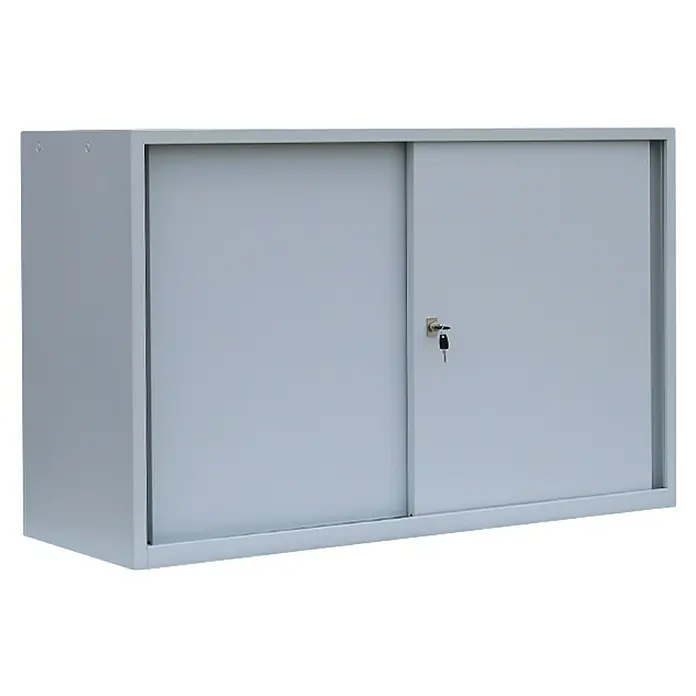 Lüllmann ClassiX Schiebetür Schrank - H x B x T: 75 x 120 x 45 cm, Lichtgrau, Fertig montiert, Anzahl Böden: 1 Stk. - Grauer Stahlschrank mit Schiebetüren und Schloss, ideal für Büro oder Lager. Robuste Bauweise für lange Haltbarkeit.
