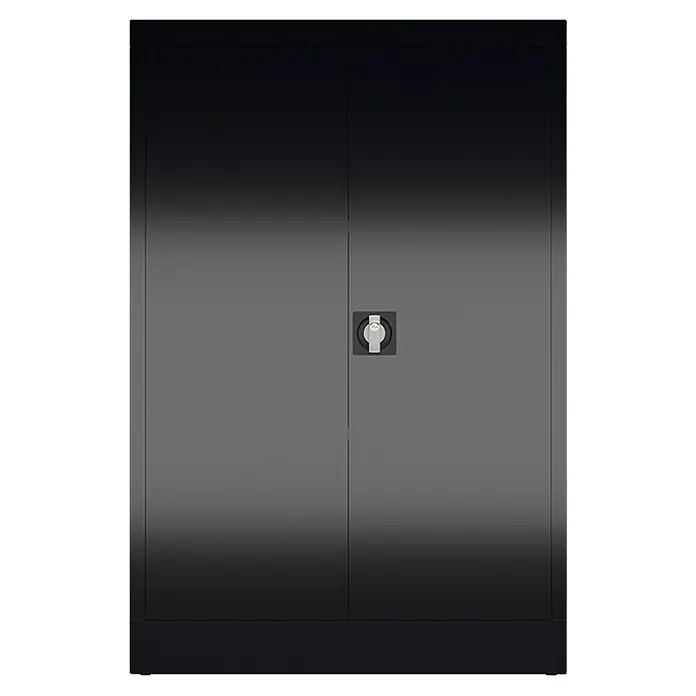 Lüllmann ClassiX Metall-Mehrzweckschrank - H x B x T: 120 x 80 x 38 cm, Tiefschwarz, Fertig montiert, Anzahl Böden: 2 Stk. - Abbildung eines grauen Metallschranks mit zwei Türen und einem Schloss.