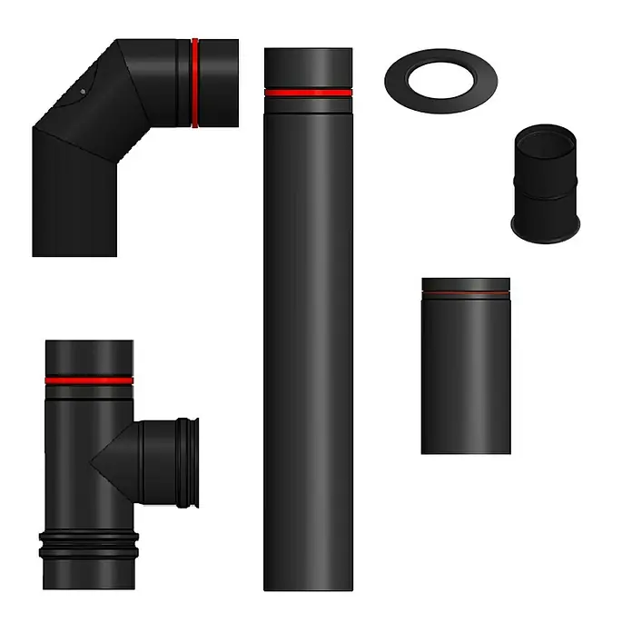 Bertrams Pelletrohr-Set 2 - Durchmesser: 80 mm, 6 -tlg., Edelstahl, Pulverbeschichtet, Schwarz Metallic - Ofenrohr-Set: Rauchrohrbogen, T-Stück, Verlängerung, Rosette und Reduzierstück. Ideal für Kamin- und Ofeninstallationen mit roter Markierung.