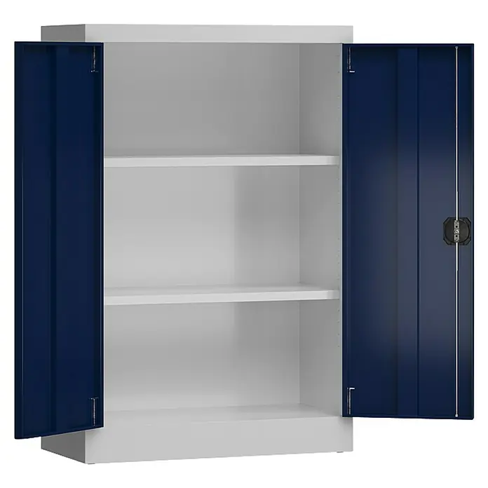 Lüllmann ClassiX Metall-Mehrzweckschrank - H x B x T: 120 x 80 x 38 cm, Lichtgrau/Enzianblau, Fertig montiert, Anzahl Böden: 2 Stk. - Offener blauer und weißer Metallschrank mit Regalen zur Aufbewahrung von Gegenständen.