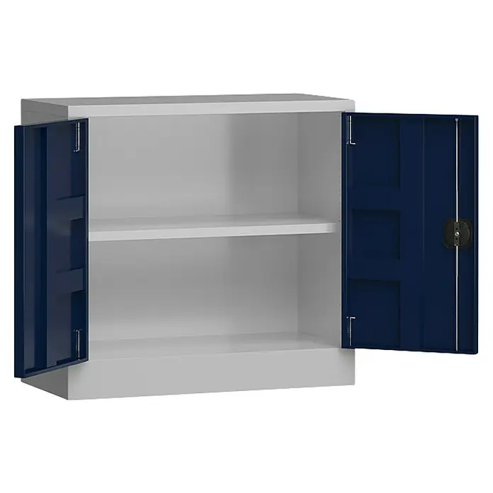 Lüllmann ClassiX Metall-Mehrzweckschrank - H x B x T: 75 x 80 x 38 cm, Lichtgrau/Enzianblau, Fertig montiert, Anzahl Böden: 1 Stk. - Offener Metallschrank mit blauen Türen und weißem Innenraum, der Stauraum und Organisation bietet. Ideal für Werkstatt oder Garage.
