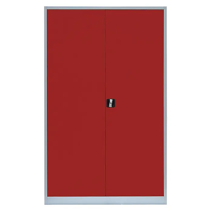Lüllmann Metall-Mehrzweckschrank - H x B x T: 195 x 120 x 42,2 cm, Lichtgrau/Feuerrot, Fertig montiert, Anzahl Böden: 4 Stk. - Doppeltüriger, feuerroter Metallschrank mit silberfarbenem Rahmen und schwarzem Griff in der Mitte für Büro oder Werkstatt.