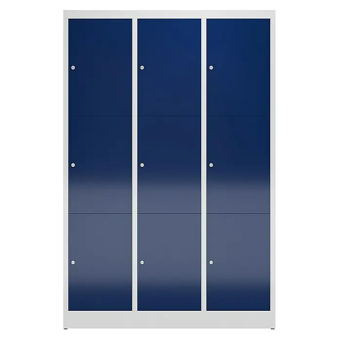 Lüllmann ClassiX Schließfachschrank - H x B x T: 180 x 118,5 x 50 cm, Lichtgrau/Enzianblau, Fertig montiert, Anzahl Fächer: 9 Stk. - Dreifacher blauer Schließschrank mit weißen Rahmen und Griffen. Eine praktische Lösung für die Aufbewahrung von Gegenständen.
