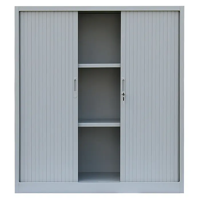 Lüllmann Rollladenschrank - H x B x T: 135 x 120 x 45,7 cm, Lichtgrau, Fertig montiert, Anzahl Böden: 2 Stk. - Silberner Büroschrank mit Rolltüren und zwei Regalböden, ideal für Büro und Arbeitszimmer. Die abschließbaren Türen bieten Sicherheit und Ordnung.