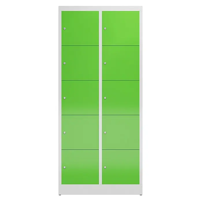 Lüllmann ClassiX Schließfachschrank - H x B x T: 180 x 80 x 50 cm, Lichtgrau/Gelbgrün, Fertig montiert, Anzahl Fächer: 10 Stk. - Bild eines grünen Schließfachs mit mehreren Fächern und silbernen Griffen, ideal für die Organisation.