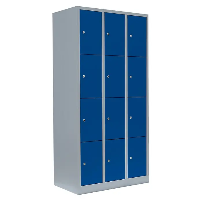 Lüllmann Schließfachschrank - H x B x T: 180 x 88,5 x 50 cm, Lichtgrau/Enzianblau, Fertig montiert, Anzahl Fächer: 12 Stk. - Dreispaltiger, blauer Spindschrank mit zwölf Fächern. Ideal für die Aufbewahrung von persönlichen Gegenständen in Schulen oder Fitnessstudios.