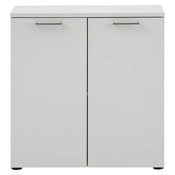 Schildmeyer 1500 Kommode - L x B x H: 41 x 80,2 x 84 cm, Lichtgrau - Aufnahme eines modernen weißen Schrankes mit zwei Türen und silbernen Griffen, der Stauraum und minimalistisches Design bietet.
