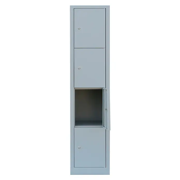 Lüllmann Schließfachschrank - H x B x T: 180 x 41,5 x 50 cm, Lichtgrau, Fertig montiert, Anzahl Fächer: 4 Stk. - Ein schmaler, grauer Metallschrank mit vier Fächern, von denen eines offen steht und das Innere zeigt. Ideal für Büro oder Werkstatt.