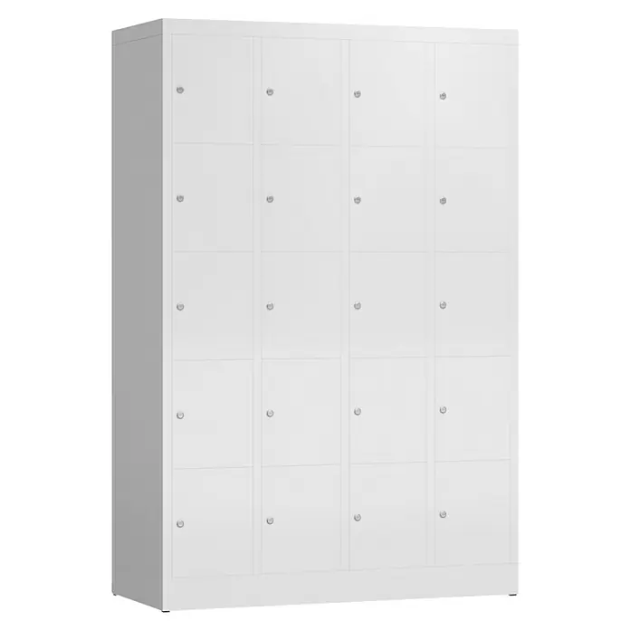 Lüllmann ClassiX Schließfachschrank - H x B x T: 180 x 118,5 x 50 cm, Signalweiß, Fertig montiert, Anzahl Fächer: 20 Stk. - Helle, moderne Schließfachanlage mit vier mal vier Fächern für Büro oder öffentliche Einrichtungen.