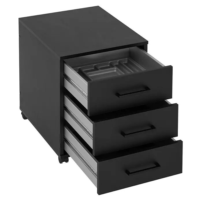 Schildmeyer Ruby Rollcontainer - L x B x H: 50 x 40 x 57 cm, Schwarz, Anzahl Schubladen: 3 Stk. - Schubladenelement in Schwarz mit drei Auszügen, wobei der obere eine Besteckablage enthält, für eine ordentliche Aufbewahrung.