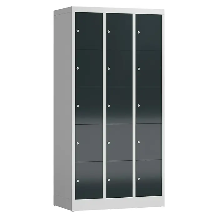 Lüllmann ClassiX Schließfachschrank - H x B x T: 180 x 87 x 50 cm, Lichtgrau/Anthrazit, Fertig montiert, Anzahl Fächer: 15 Stk. - Drei graue Schließfächer mit jeweils vier Abteilen in einem robusten, modernen Design für Schulen oder Arbeitsplätze.