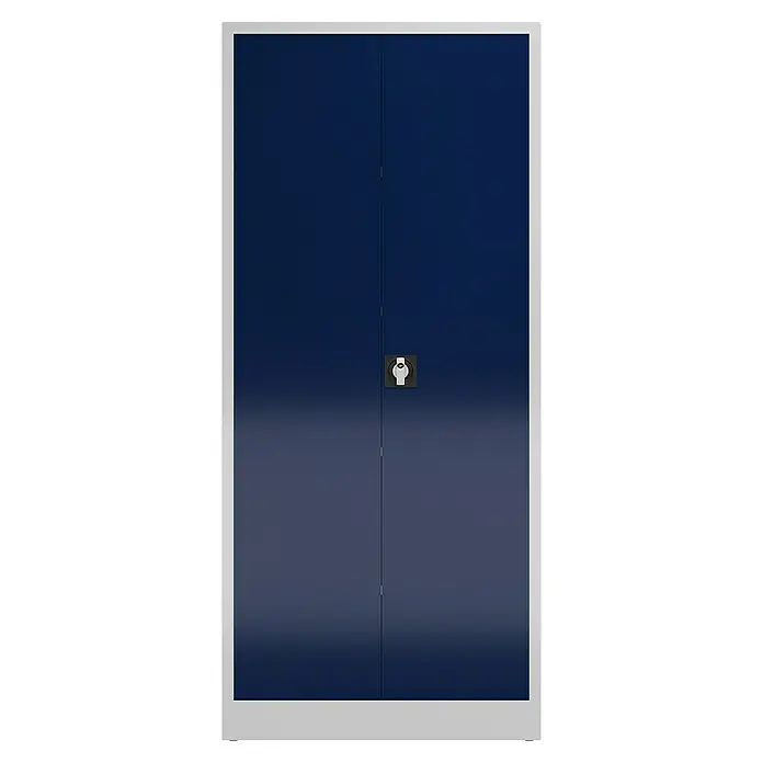 Lüllmann ClassiX Metall-Mehrzweckschrank - H x B x T: 180 x 80 x 38 cm, Lichtgrau/Enzianblau, Fertig montiert, Anzahl Böden: 4 Stk. - Ein blauer Flügelschrank mit einem silbernen Rahmen und einem Drehgriff in der Mitte. Der Schrank hat ein schlichtes, modernes Design.