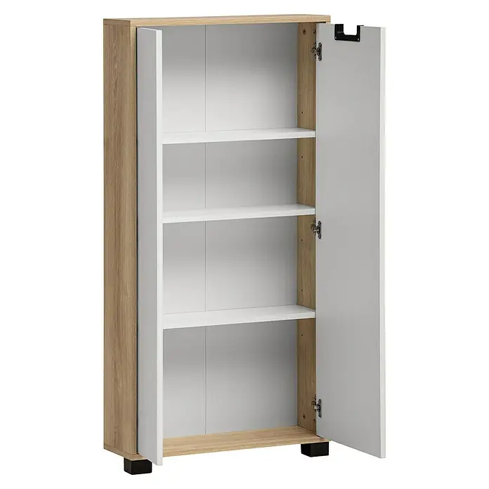 Schildmeyer Emmik Highboard - L x B x H: 19,5 x 59,9 x 124 cm, Weiß/Eiche, Matt - Offener weißer Holzschrank mit drei Einlegeböden und einer Holztür.