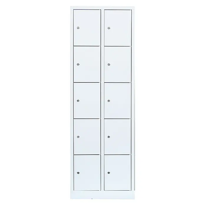 Lüllmann Schließfachschrank - H x B x T: 180 x 60 x 50 cm, Signalweiß, Fertig montiert, Anzahl Fächer: 10 Stk. - Aufnahme eines weißen Spindschranks mit mehreren abschließbaren Fächern, ideal für die sichere Aufbewahrung.