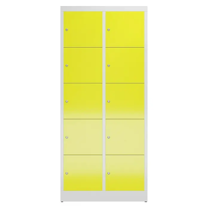 Lüllmann ClassiX Schließfachschrank - H x B x T: 180 x 80 x 50 cm, Lichtgrau/Zinkgelb, Fertig montiert, Anzahl Fächer: 10 Stk. - Gelber Spindschrank mit zehn Fächern und silbernen Beschlägen. Praktische Aufbewahrungslösung mit robustem Design und einfacher Handhabung.