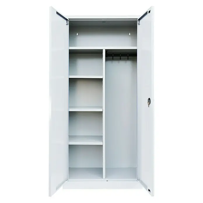 Lüllmann Metall-Mehrzweckschrank - H x B x T: 180 x 80 x 38,3 cm, Signalweiß, Fertig montiert, Anzahl Böden: 3 Stk. - Offener weißer Metallschrank mit Einlegeböden und Kleiderstange für vielseitige Aufbewahrungslösungen.