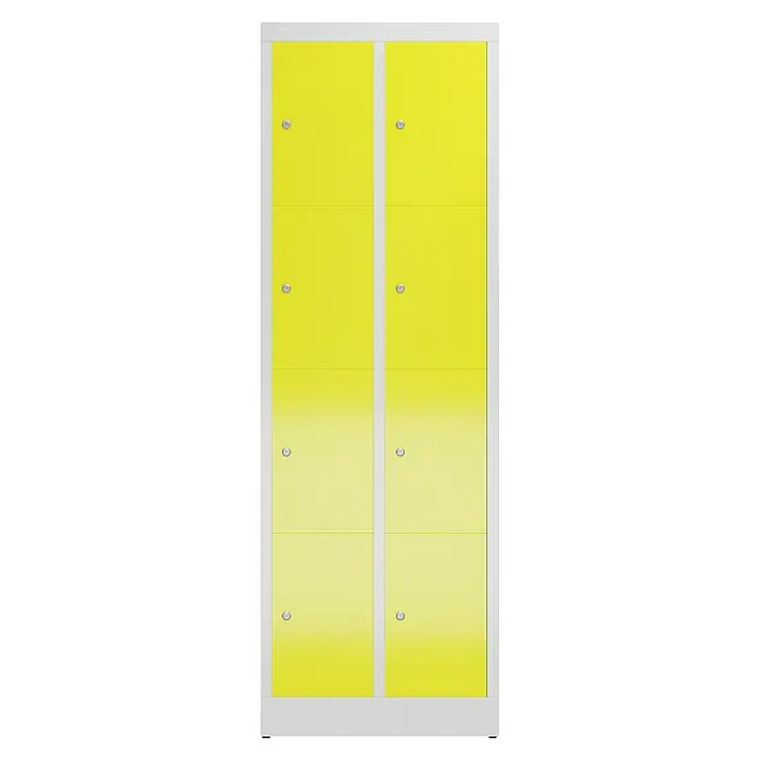 Lüllmann ClassiX Schließfachschrank - H x B x T: 180 x 59 x 50 cm, Lichtgrau/Zinkgelb, Fertig montiert, Anzahl Fächer: 8 Stk. - Ein Schrank mit gelben Türen und silbernen Schlössern, der Stauraum bietet. Ideal für Schulen, Büros oder Sporteinrichtungen.