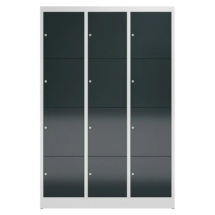 Lüllmann ClassiX Schließfachschrank - H x B x T: 180 x 118,5 x 50 cm, Lichtgrau/Anthrazit, Fertig montiert, Anzahl Fächer: 12 Stk. - Graue Schließfächer mit weißem Rahmen. Die Spinde sind in drei Spalten und vier Reihen angeordnet und bieten Stauraum.