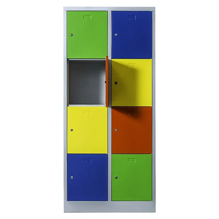 Lüllmann ClassiX Schließfachschrank - H x B x T: 180 x 80 x 50 cm, Lichtrgau/Mehrfarbig, Fertig montiert, Anzahl Fächer: 8 Stk. - Bunte Schließfächer mit einer geöffneten Tür. Diese Schließfächer bieten eine vielseitige und sichere Aufbewahrungslösung.
