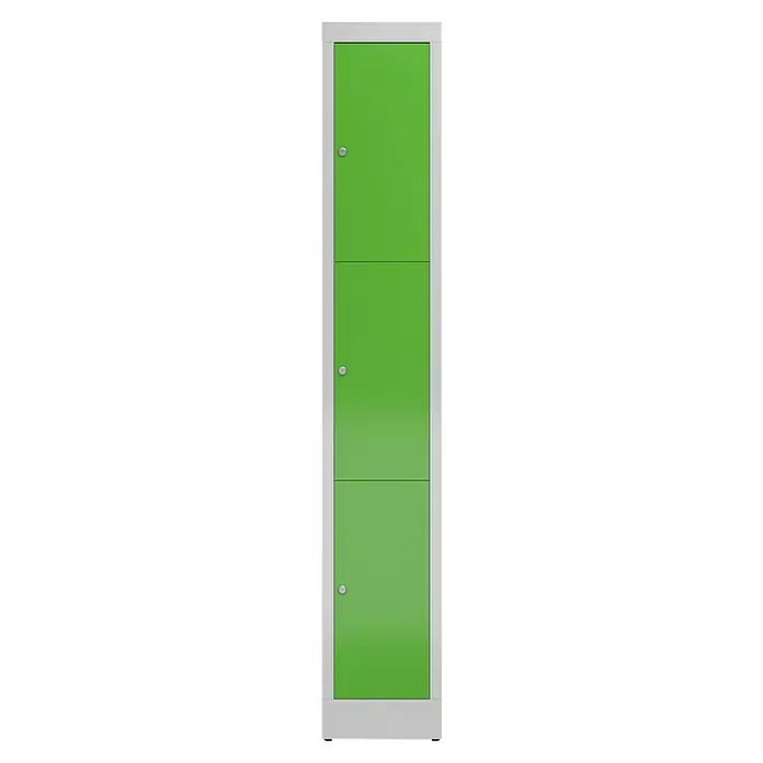 Lüllmann ClassiX Schließfachschrank - H x B x T: 180 x 31 x 50 cm, Lichtgrau/Gelbgrün, Fertig montiert, Anzahl Fächer: 3 Stk. - Ein grüner Spind mit drei Fächern und silberfarbenen Griffen, ideal für Schulen oder Umkleideräume. Robuste Konstruktion, bietet sichere Aufbewahrung.