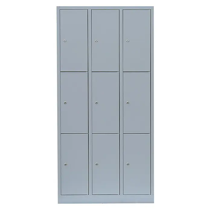 Lüllmann Schließfachschrank - H x B x T: 180 x 88,5 x 50 cm, Lichtgrau, Fertig montiert, Anzahl Fächer: 9 Stk. - Graue Metallschließfächer mit neun Türen und Schlüsselschlössern für sichere Aufbewahrung in Schulen, Fitnessstudios oder Umkleideräumen.