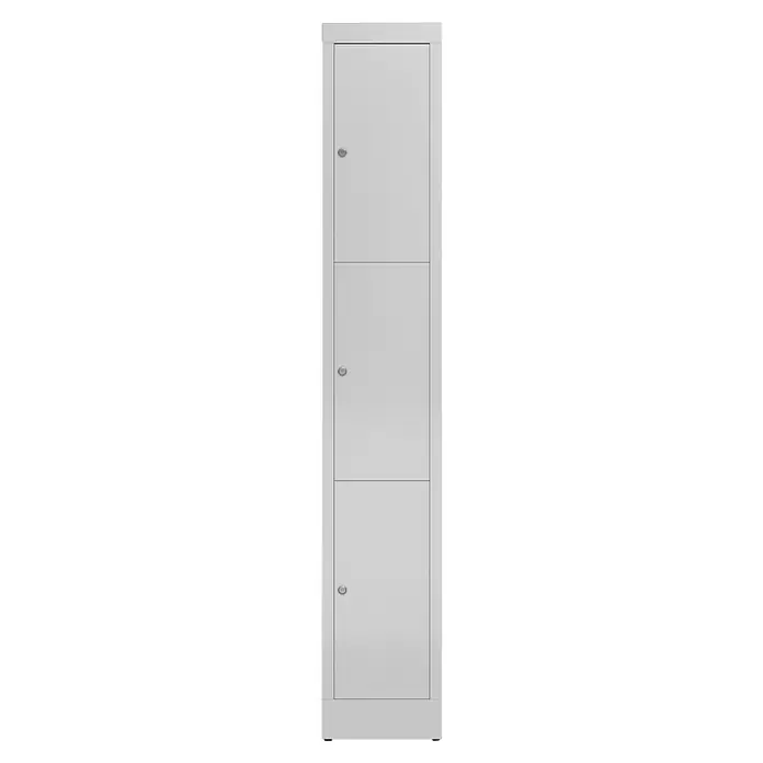 Lüllmann ClassiX Schließfachschrank - H x B x T: 180 x 31 x 50 cm, Lichtgrau, Fertig montiert, Anzahl Fächer: 3 Stk. - Ein schlanker, grauer Spind mit drei abschließbaren Fächern, ideal für Büro oder Umkleideraum, bietet viel Stauraum auf kleinem Raum.