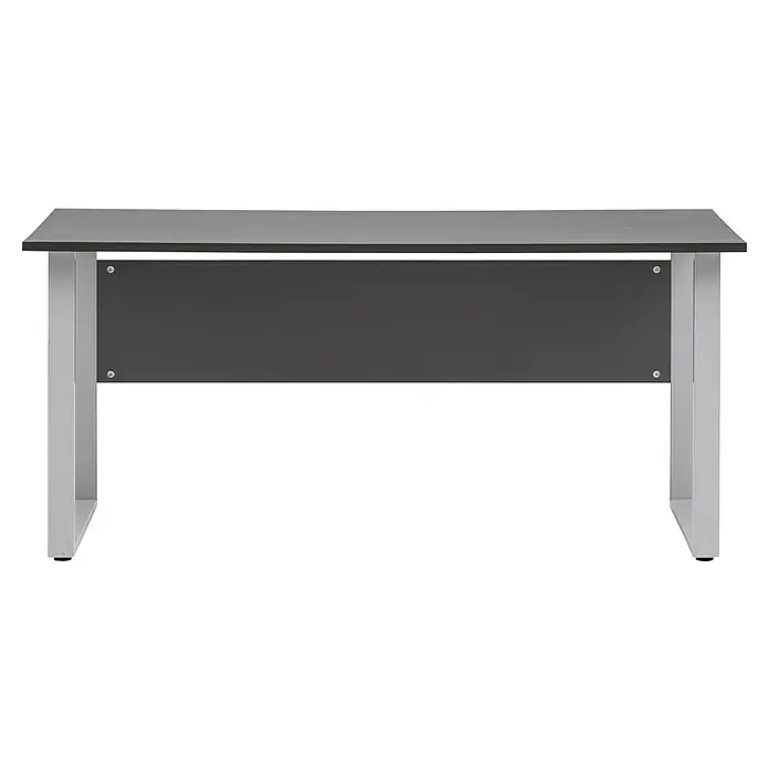 Schildmeyer 1500 Schreibtisch - L x B x H: 75 x 160 x 73,5 cm, Anthrazit - Eine graue Metallstruktur mit einer dunklen Platte oben und einer dunklen Platte in der Mitte, ideal für verschiedene Anwendungen.