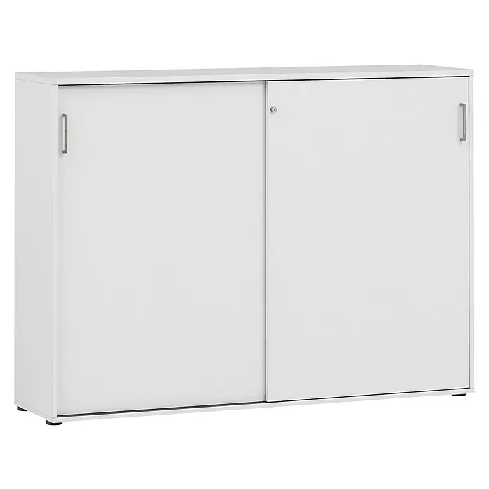 Schildmeyer 1500 Schiebetür Schrank - L x B x H: 41 x 160,2 x 119,4 cm, Lichtgrau - Helle Aufnahme eines weißen Büroschranks mit Schiebetüren und schlichten Griffen, ideal für moderne Arbeitsbereiche.