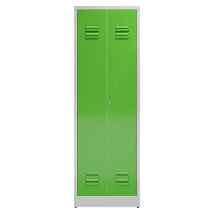 Lüllmann ClassiX Metall-Mehrzweckschrank - H x B x T: 180 x 59 x 50 cm, Lichtgrau/Gelbgrün, Fertig montiert, Anzahl Böden: 4 Stk. - Grüner Metallschrank mit zwei Türen, Lüftungsschlitzen und einem kleinen Schloss, ideal zur Aufbewahrung und sicheren Verwahrung von Gegenständen.