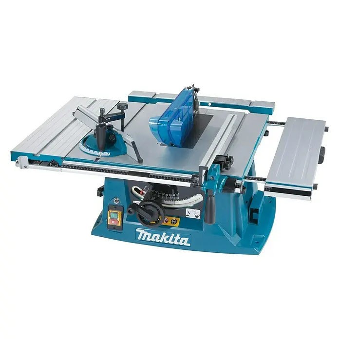 Makita Tischkreissäge MLT100NX1 mit Untergestell - 1.500 W, Durchmesser Sägeblatt: 260 mm, Schnitttiefe bei 90 °: 93 mm - Eine Makita Tischkreissäge mit blauem Gehäuse und silbernem Tisch, ideal für präzise Holzarbeiten in der Werkstatt.