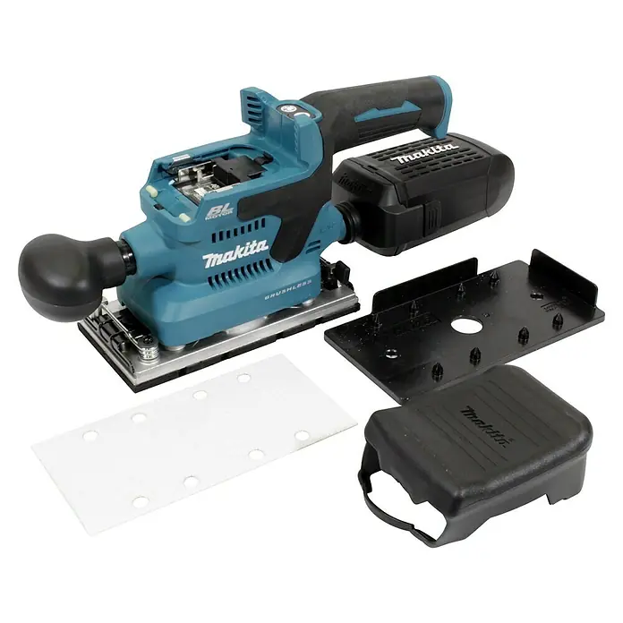 Makita LXT 18V Akku-Schwingschleifer DBO382Z - 18 V, Ohne Akku - Abbildung eines Makita Akku-Schwingschleifers mit Zubehör wie Schleifpapier und Staubfangbox. Ideal für feine Oberflächenbearbeitung.