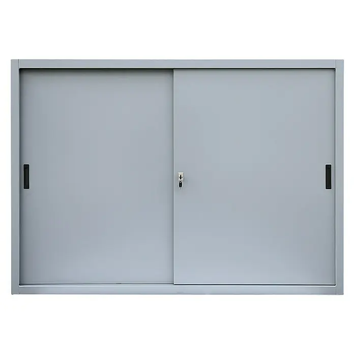 Lüllmann Schiebetür Schrank - H x B x T: 109 x 160 x 45 cm, Lichtgrau, Fertig montiert, Anzahl Böden: 2 Stk. - Grauer Aktenschrank mit Schiebetüren und Schloss. Ideal für Büro oder Homeoffice zur Aufbewahrung wichtiger Dokumente und Unterlagen.