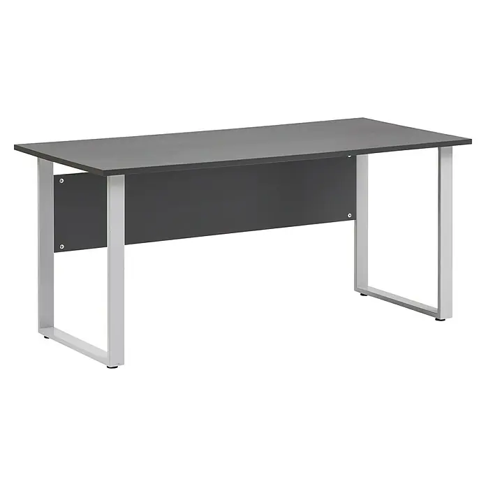 Schildmeyer 1500 Schreibtisch - L x B x H: 75 x 160 x 73,5 cm, Anthrazit - Das Bild zeigt einen Bürotisch mit einer grauen Tischplatte und einem stabilen, silberfarbenen Metallgestell. Der Tisch bietet eine praktische und moderne Arbeitsfläche.